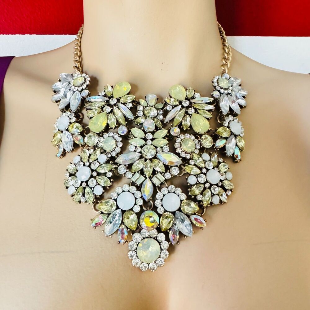Bib Style Necklace Flower Iridescent Rhinestones Gold Plated Lobster Claw Clasps